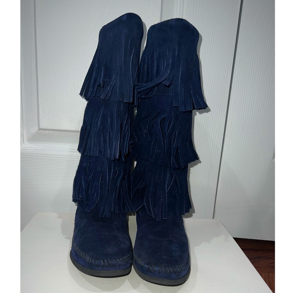 Navy Blue Minnetonka 3-Layer Fringe Boots